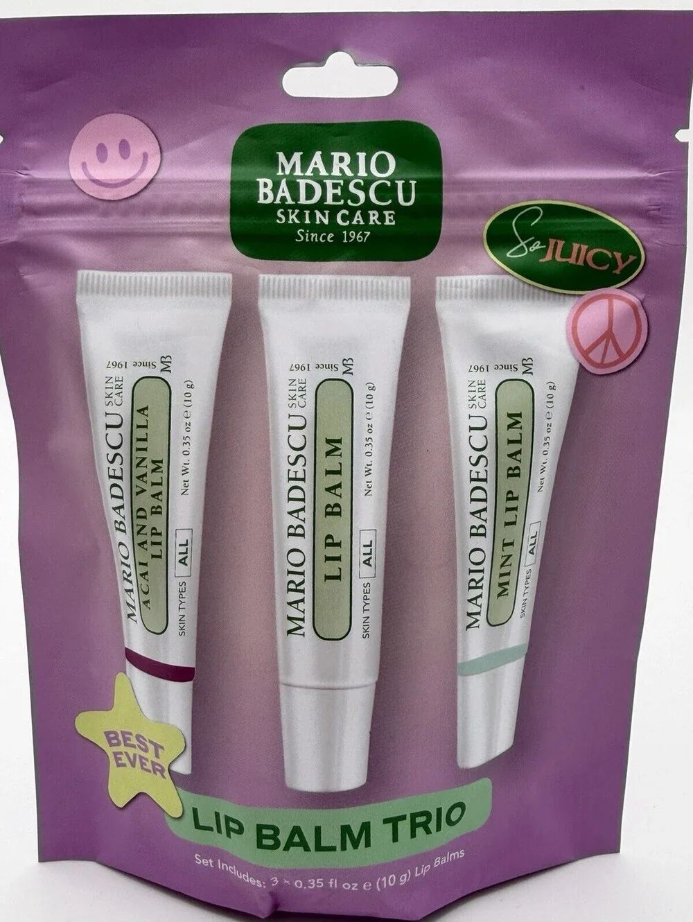 3pc Mario Badescu Lip Balm Set NEW and Sealed- Acai & Vanilla, Plain and Mint